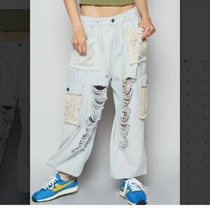 POL Women's Cropped Jeans with Crochet Details - Light Gray